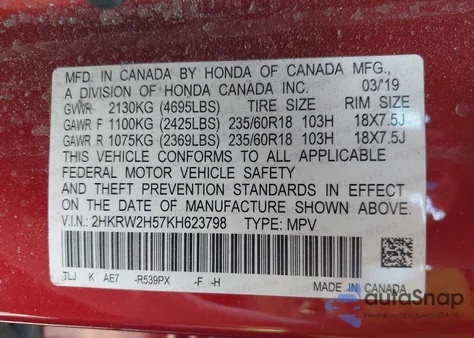 2019 Honda Cr-V Ex z USA, uszkodzony, nr VIN 2HKRW2H57KH623798